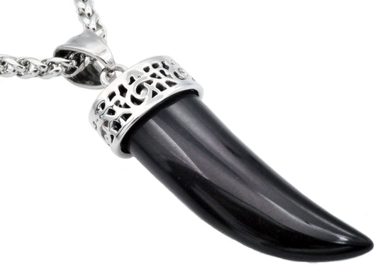 Mens Genuine Onyx Stainless Steel Horn Pendant