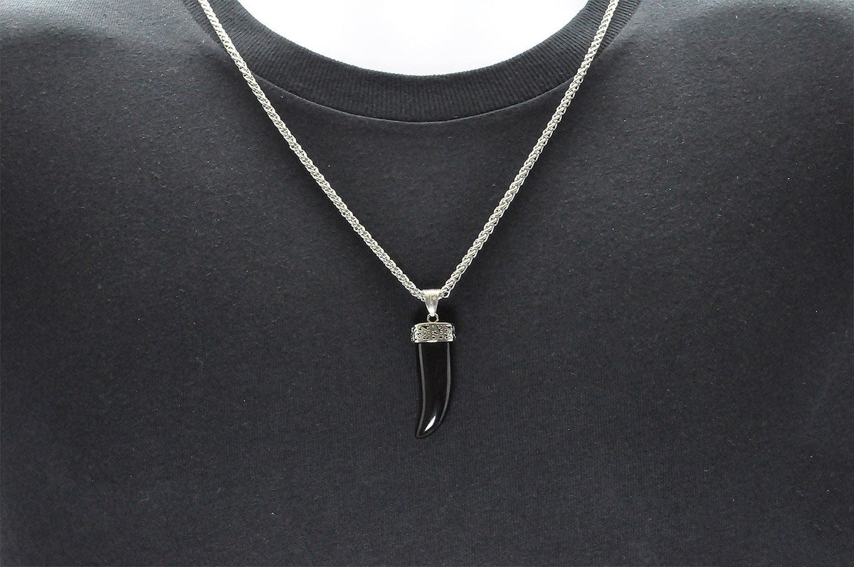 Mens Genuine Onyx Stainless Steel Horn Pendant