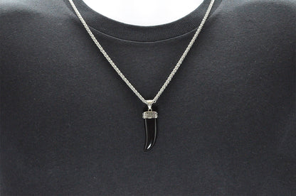 Mens Genuine Onyx Stainless Steel Horn Pendant