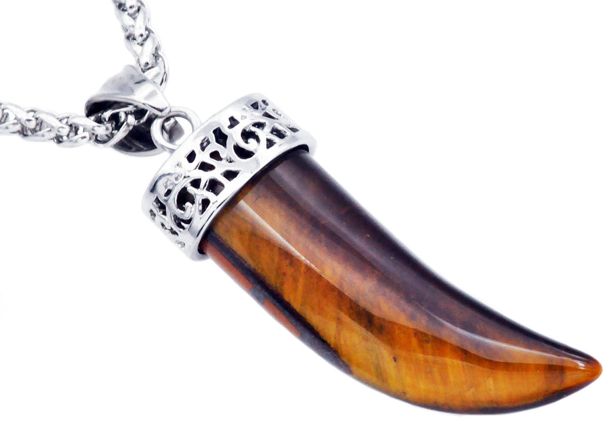 Mens Genuine Tiger Eye Stainless Steel Horn Pendant