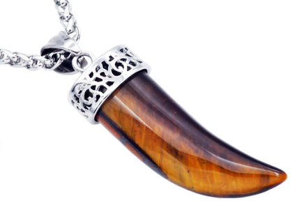 Mens Genuine Tiger Eye Stainless Steel Horn Pendant