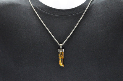 Mens Genuine Tiger Eye Stainless Steel Horn Pendant