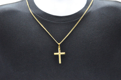 Mens Gold Stainless Steel Cross Pendant With 24" Curb Chain