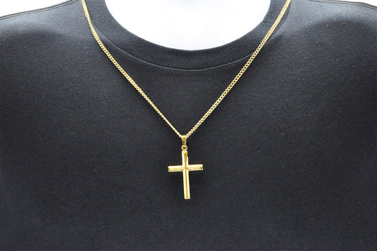 Mens Gold Stainless Steel Cross Pendant With 24" Curb Chain