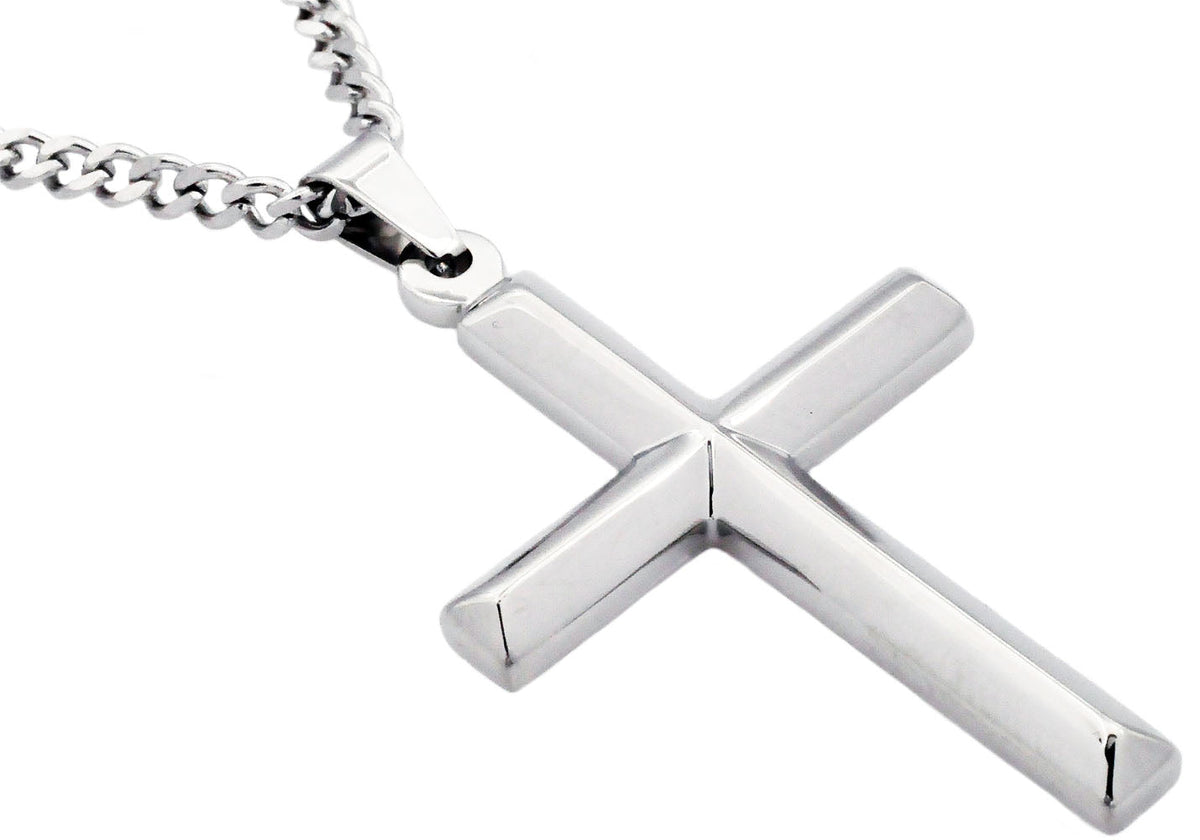 Mens Stainless Steel Cross Pendant With 24" Curb Chain