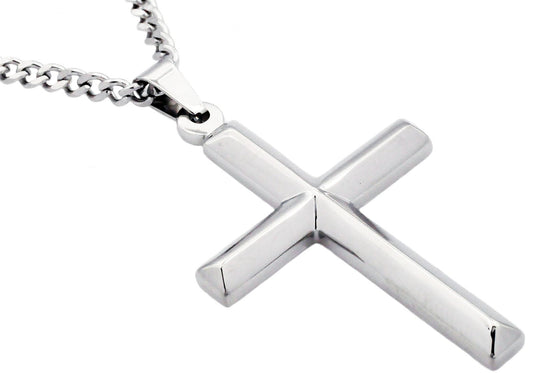 Mens Stainless Steel Cross Pendant With 24" Curb Chain