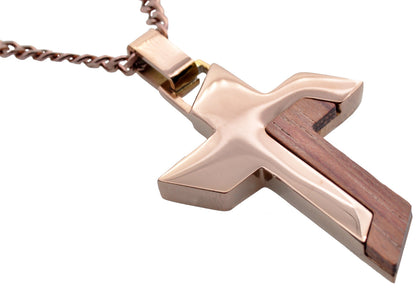 Mens Wood And Chocolate Stainless Steel Cross Pendant