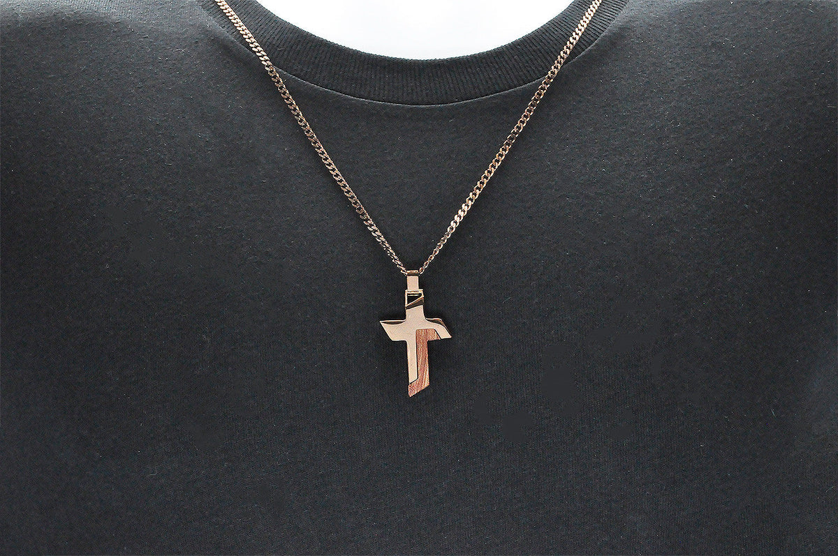 Mens Wood And Chocolate Stainless Steel Cross Pendant