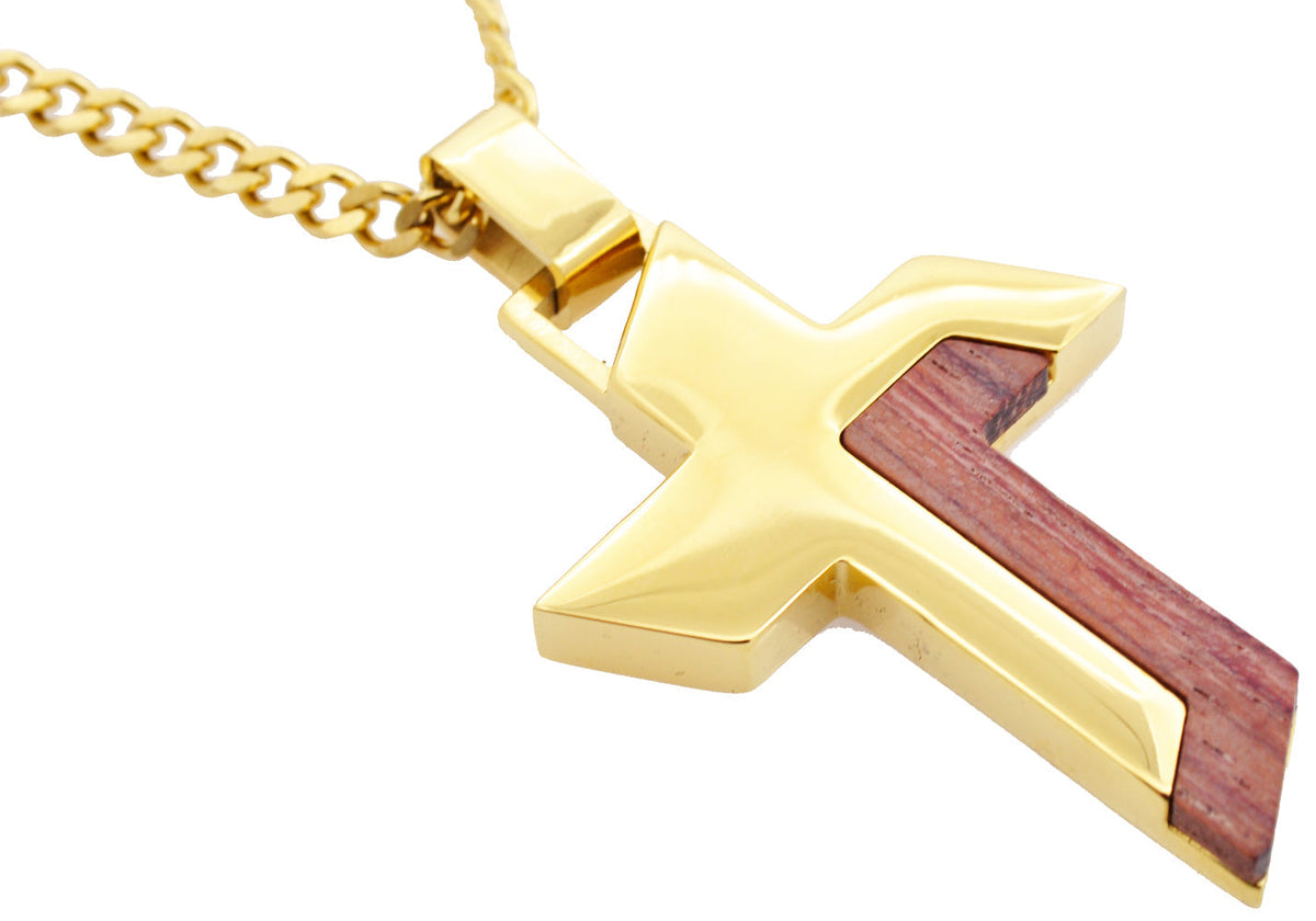 Mens Gold Wood And Stainless Steel Cross Pendant