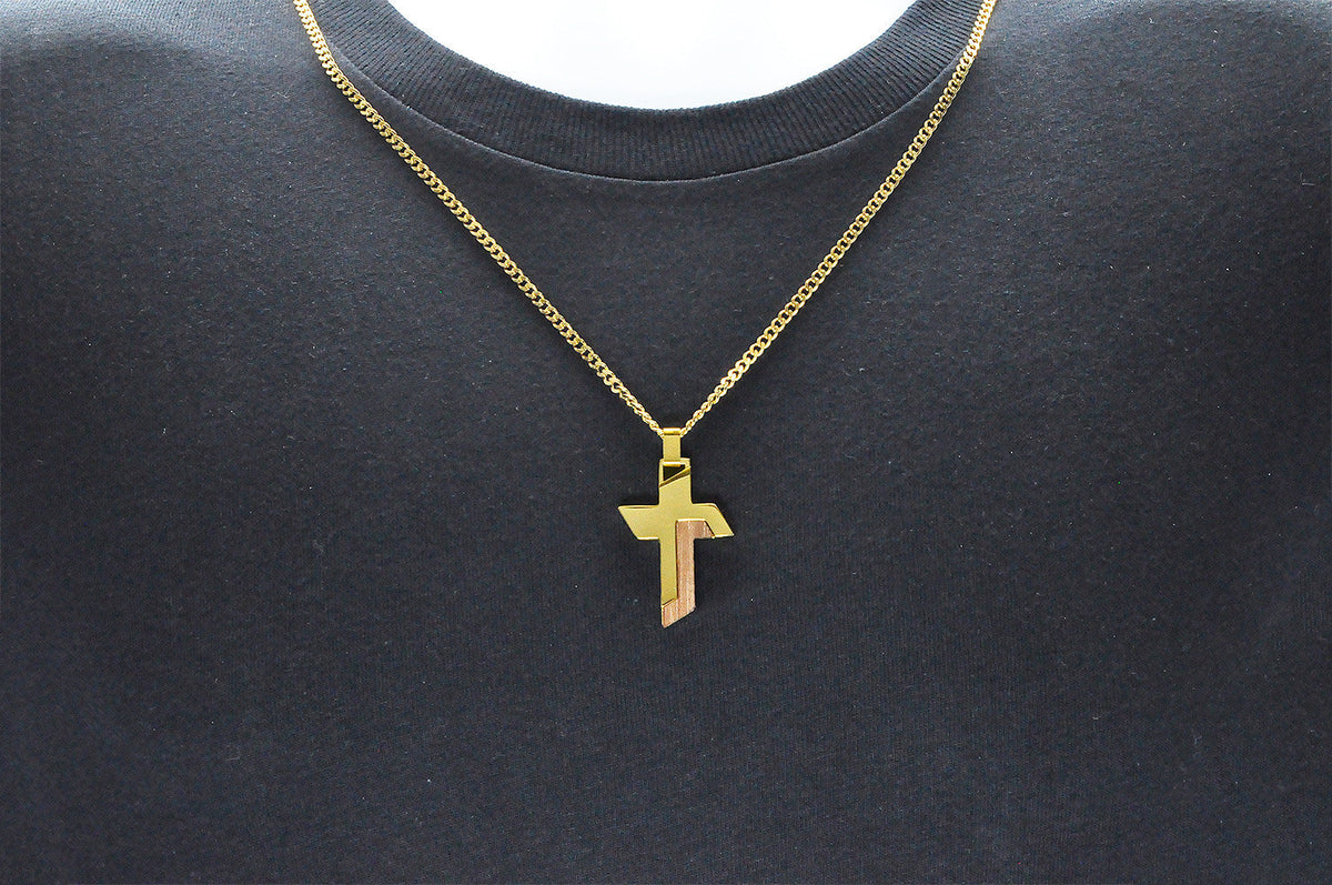 Mens Gold Wood And Stainless Steel Cross Pendant