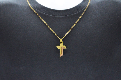 Mens Gold Wood And Stainless Steel Cross Pendant