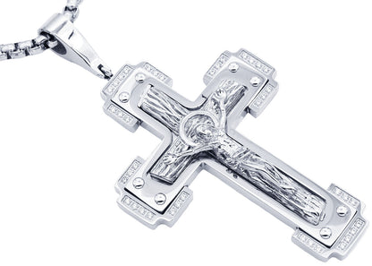 Mens Stainless Steel Crucifix Pendant Necklace With Cubic Zirconia