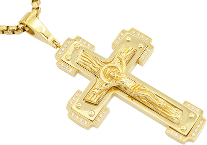 Mens Gold Stainless Steel Crucifix Pendant Necklace With Cubic Zirconia