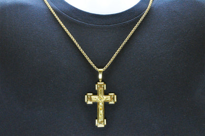 Mens Gold Stainless Steel Crucifix Pendant Necklace With Cubic Zirconia