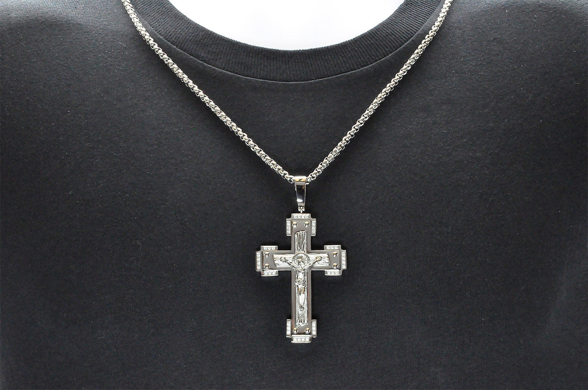 Mens Stainless Steel Crucifix Pendant Necklace With Cubic Zirconia