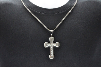 Mens Stainless Steel Crucifix Pendant Necklace With Cubic Zirconia