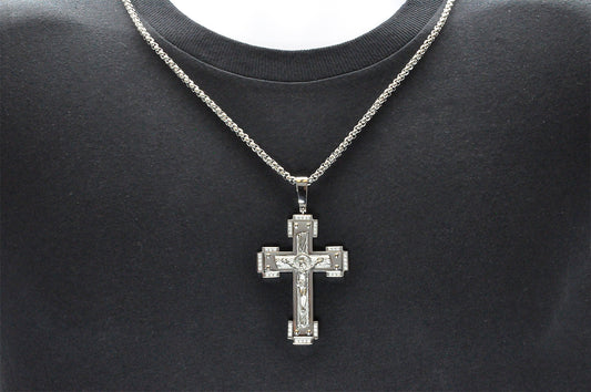 Mens Stainless Steel Crucifix Pendant Necklace With Cubic Zirconia