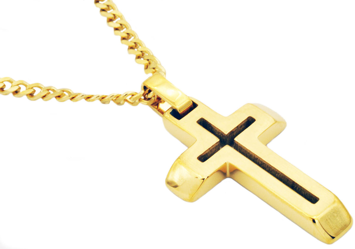 Mens Gold Stainless Steel Cross Pendant With 24" Curb Chain