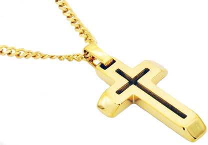 Mens Gold Stainless Steel Cross Pendant With 24" Curb Chain