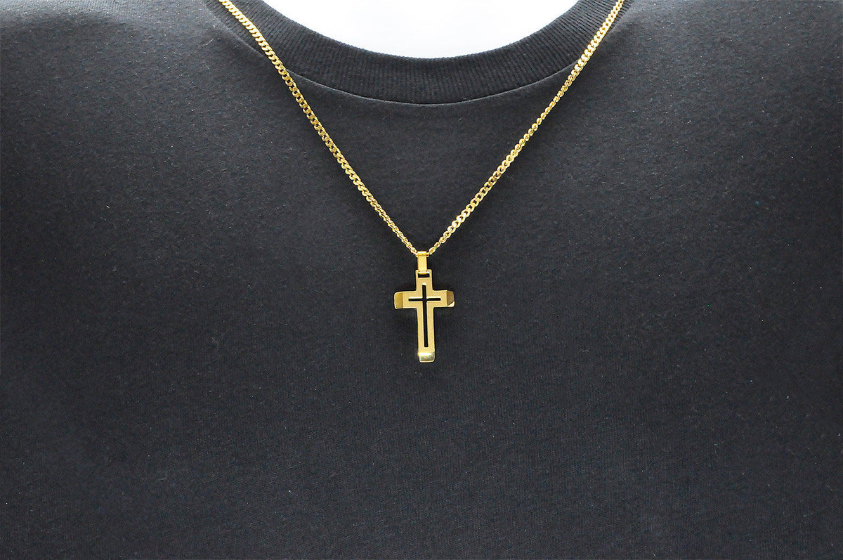 Mens Gold Stainless Steel Cross Pendant With 24" Curb Chain