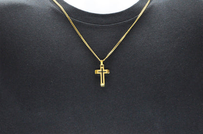 Mens Gold Stainless Steel Cross Pendant With 24" Curb Chain