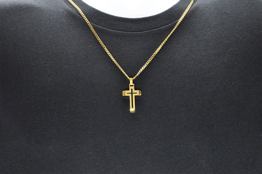 Mens Gold Stainless Steel Cross Pendant With 24" Curb Chain