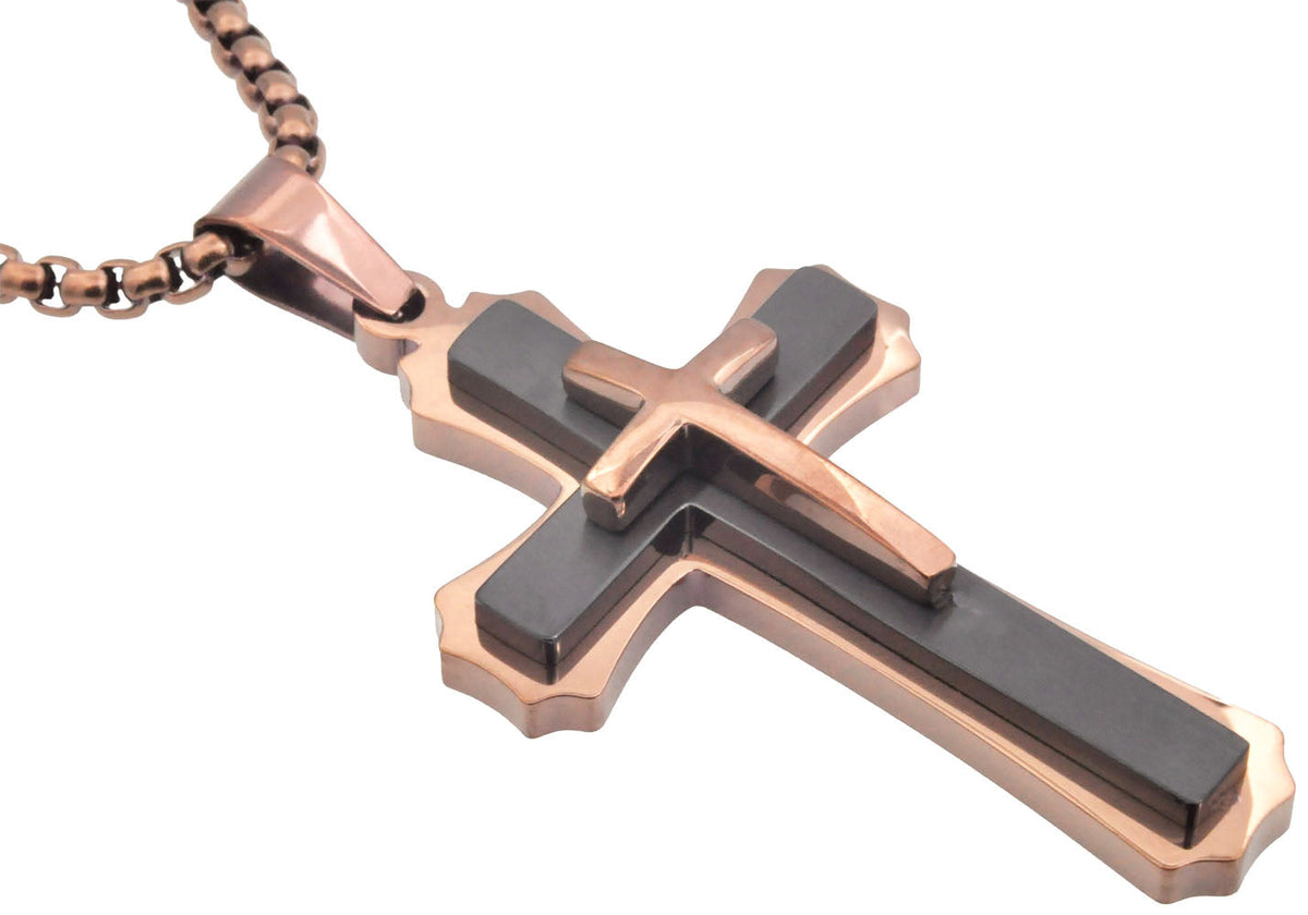 Mens Chocolate And Black Stainless Steel 3D Cross Pendant Necklace With 24" Chain