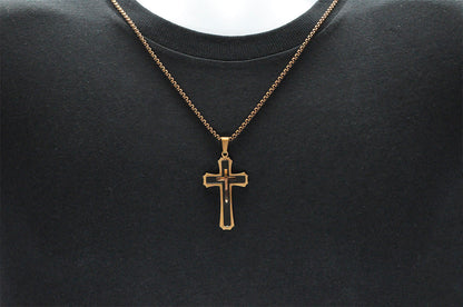 Mens Chocolate And Black Stainless Steel 3D Cross Pendant Necklace With 24" Chain