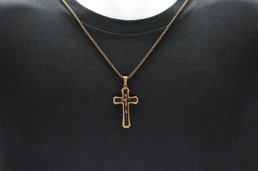 Mens Chocolate And Black Stainless Steel 3D Cross Pendant Necklace With 24" Chain