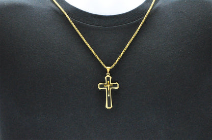 Mens Black And Gold Plated Stainless Steel Cross Pendant Necklace