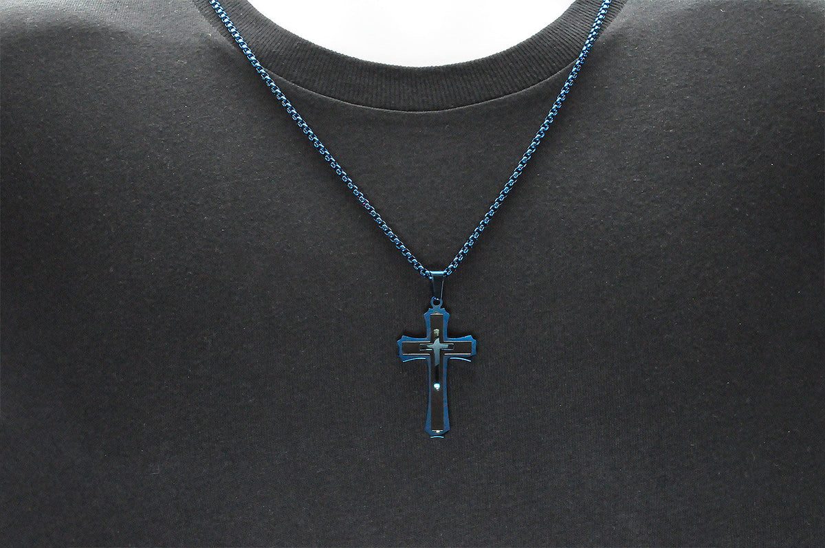 Mens Black And Blue Plated Stainless Steel Cross Pendant Necklace