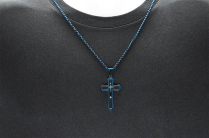 Mens Black And Blue Plated Stainless Steel Cross Pendant Necklace