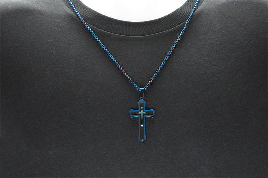 Mens Black And Blue Plated Stainless Steel Cross Pendant Necklace