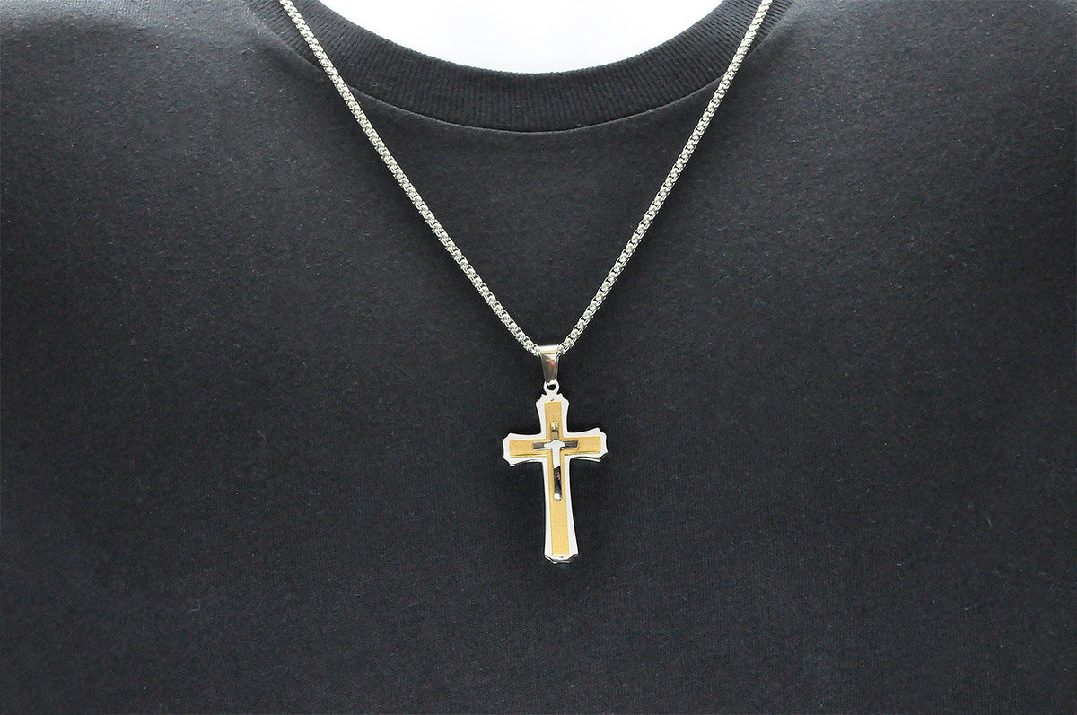 Mens Gold Plated Stainless Steel Cross Pendant Necklace