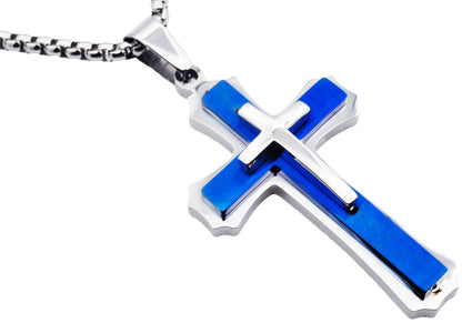 Mens Blue Plated Stainless Steel Cross Pendant Necklace