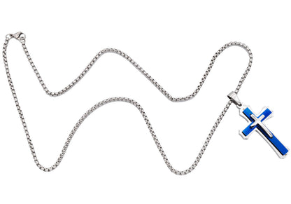 Mens Blue Plated Stainless Steel Cross Pendant Necklace