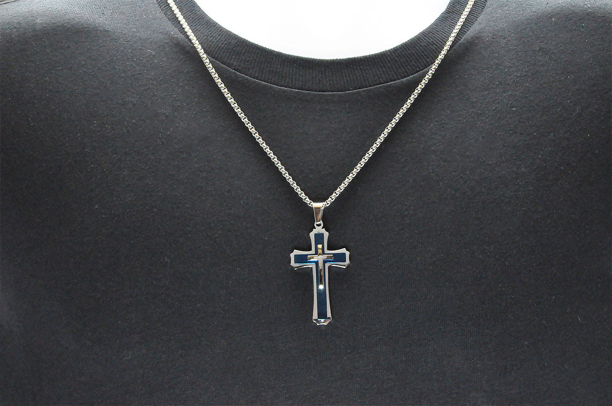 Mens Blue Plated Stainless Steel Cross Pendant Necklace