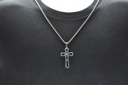 Mens Blue Plated Stainless Steel Cross Pendant Necklace