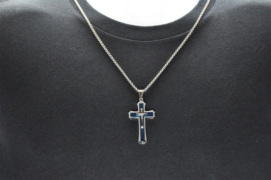Mens Blue Plated Stainless Steel Cross Pendant Necklace
