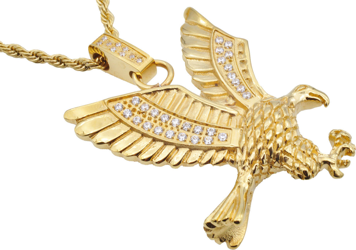 Mens Gold Stainless Steel Cubic Zirconia Eagle Pendant Necklace With 24" Rope Chain