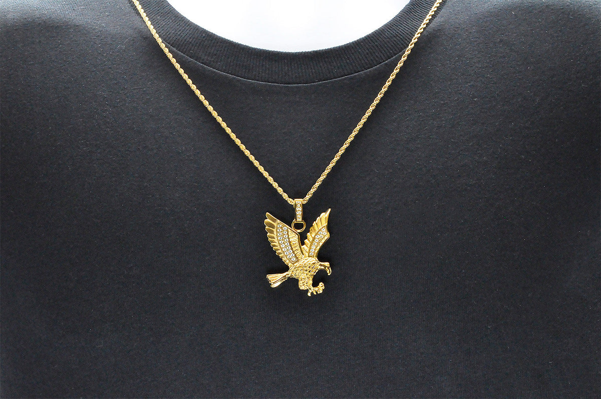 Mens Gold Stainless Steel Cubic Zirconia Eagle Pendant Necklace With 24" Rope Chain