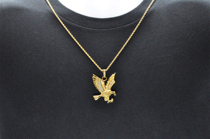 Mens Gold Stainless Steel Cubic Zirconia Eagle Pendant Necklace With 24" Rope Chain