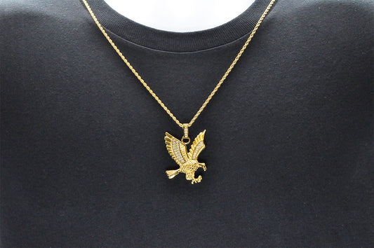 Mens Gold Stainless Steel Cubic Zirconia Eagle Pendant Necklace With 24" Rope Chain