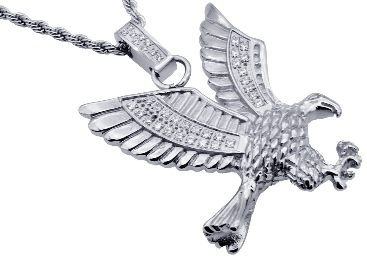 Mens Stainless Steel Cubic Zirconia Eagle Pendant Necklace With 24" Rope Chain