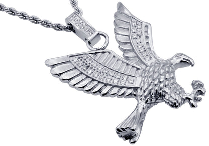 Mens Stainless Steel Cubic Zirconia Eagle Pendant Necklace With 24" Rope Chain