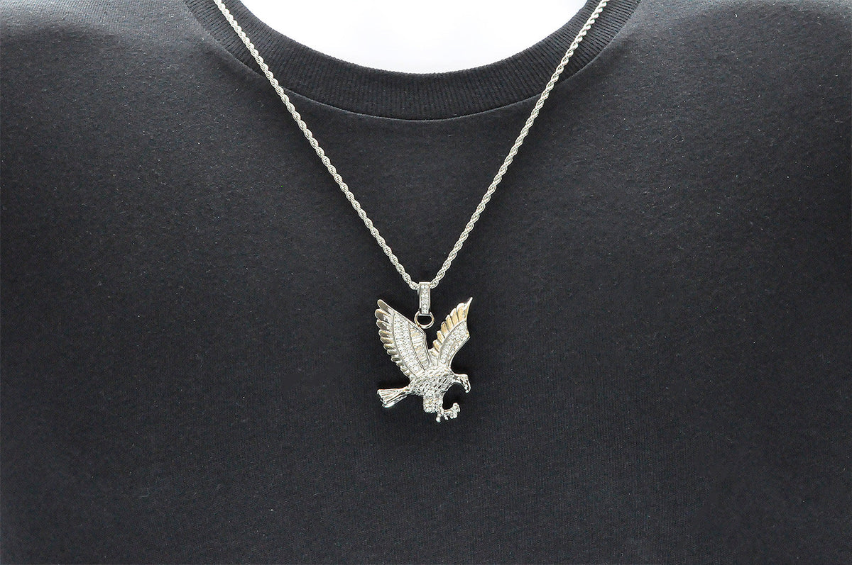 Mens Stainless Steel Cubic Zirconia Eagle Pendant Necklace With 24" Rope Chain