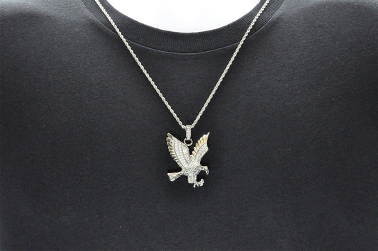 Mens Stainless Steel Cubic Zirconia Eagle Pendant Necklace With 24" Rope Chain