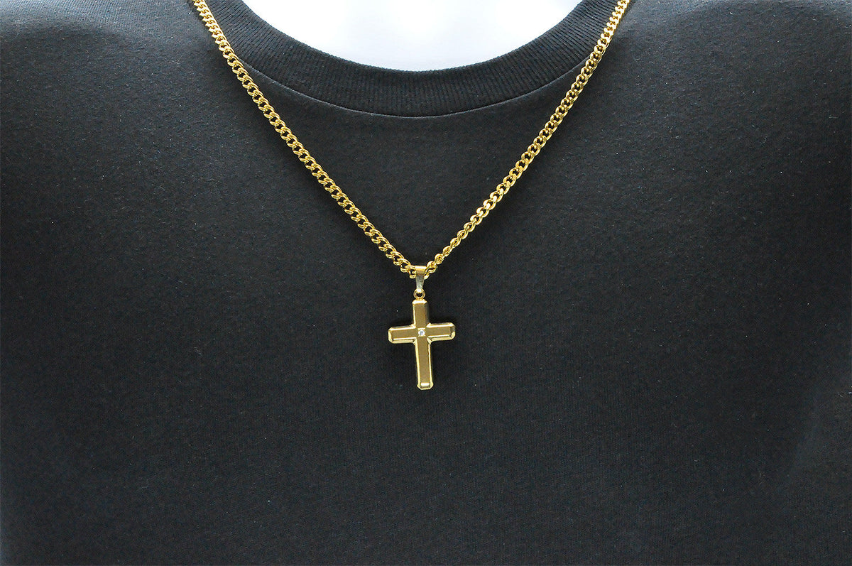 Mens Gold Stainless Steel Cross Pendant Necklace With Cubic Zirconia
