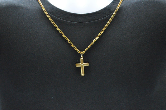Mens Gold Stainless Steel Cross Pendant Necklace With Cubic Zirconia