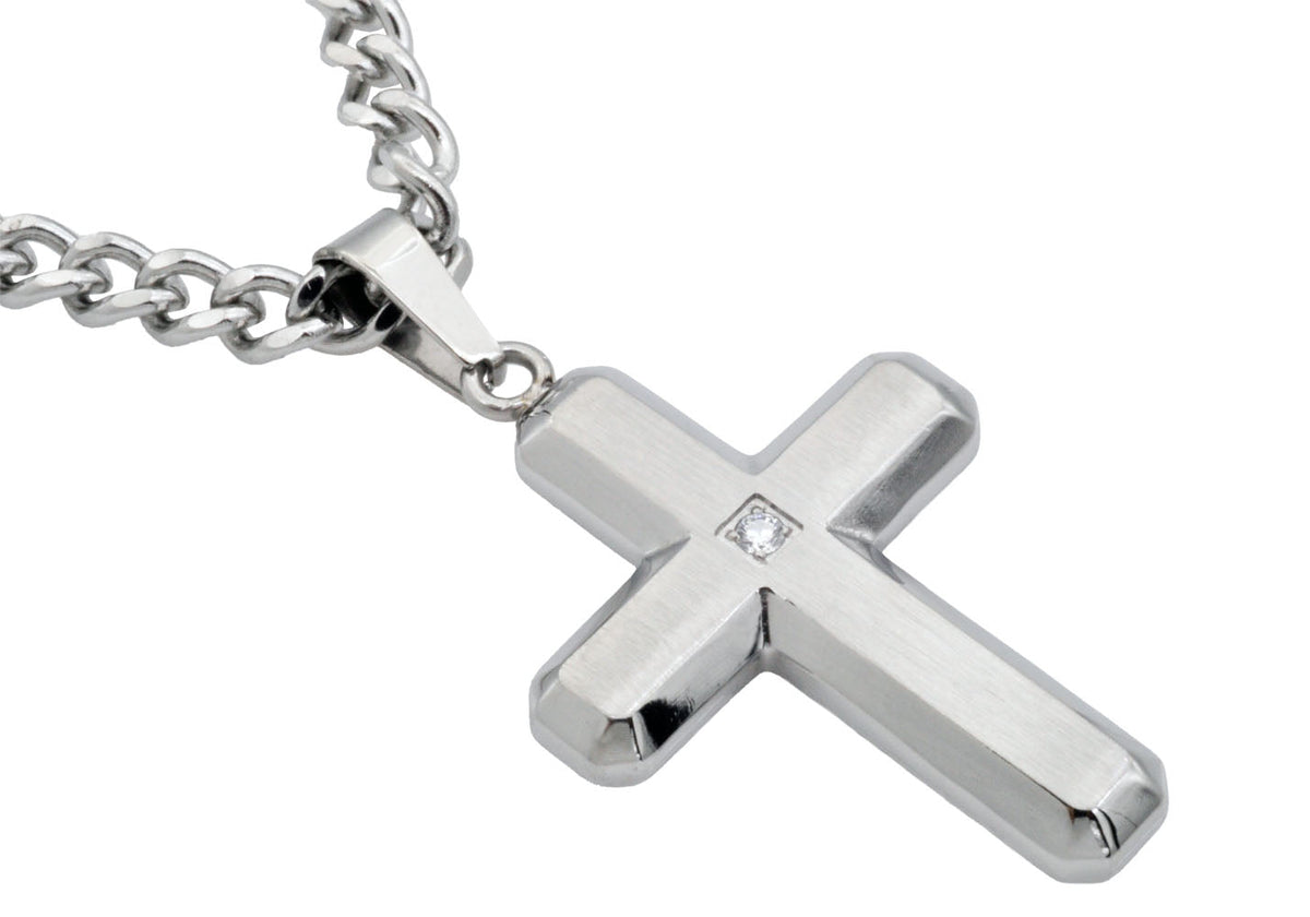 Mens Stainless Steel Cross Pendant Necklace With Cubic Zirconia